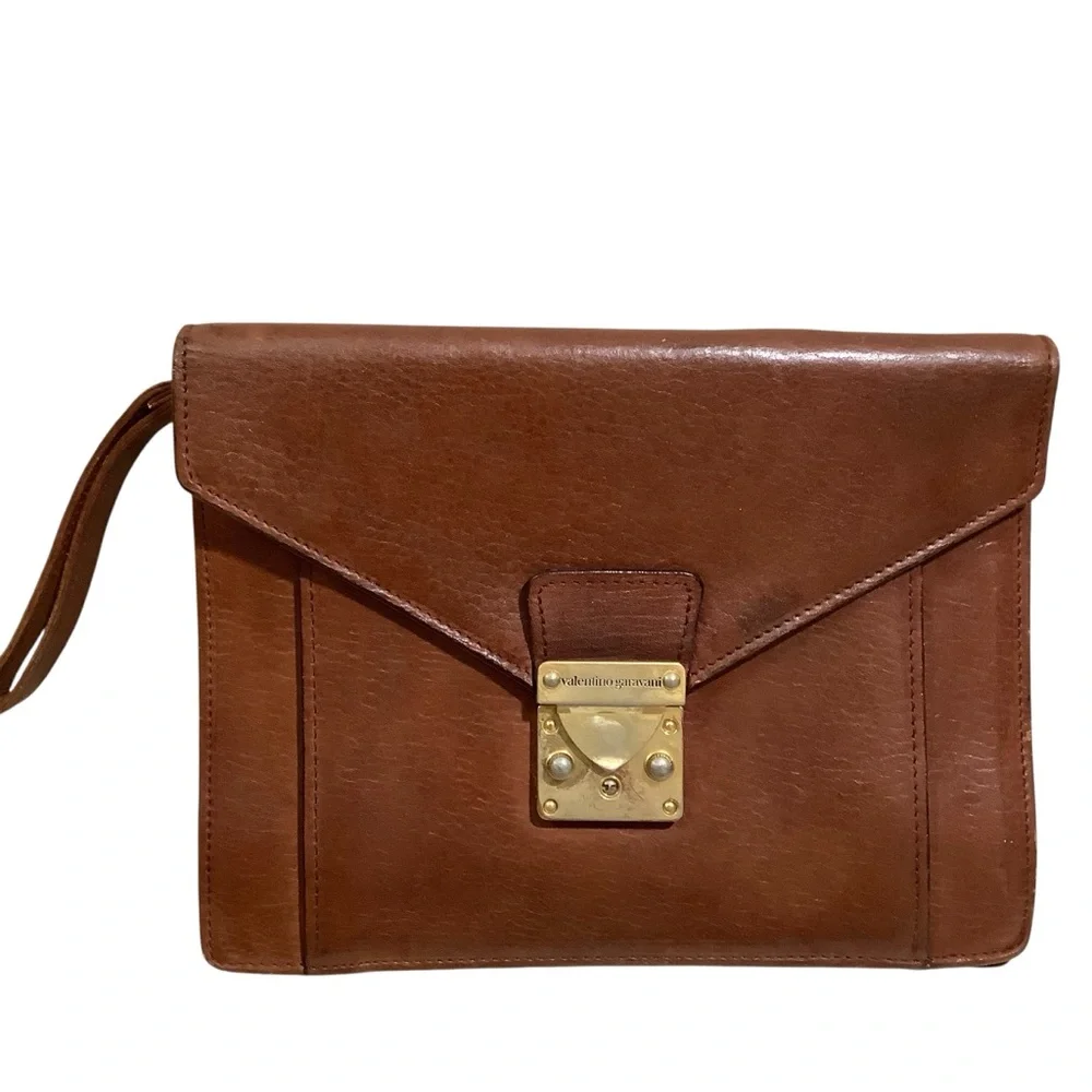 Valentino Garavani Vintage Brown Leather Clutch Bag with Gold Detail